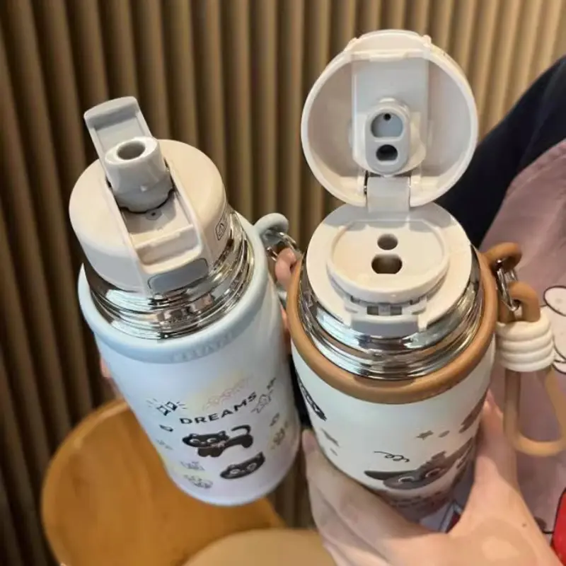 500ml Cute Cat Thermos Tumbler Kawaii Water Bottle Stainless Steel Thermal Cup With Straw Portable Coffee Tea Drinking Cup Gift