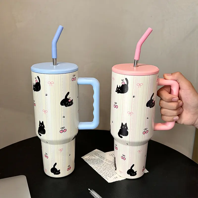 Kawaii Cat Stainless Steel Vacuum Insulated Tumbler With Lid Straw For Water Iced Tea Coffee Juice Large Car Thermos Mug 1200ml