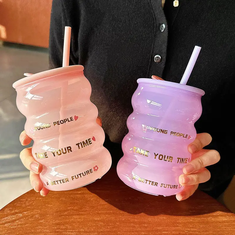 Cute Glass Cup With Silicone Lid And Straw Tumbler For Coffee Water Milk Tea Juice Kawaii Korean Glass Bottle Girl Gift 520ml