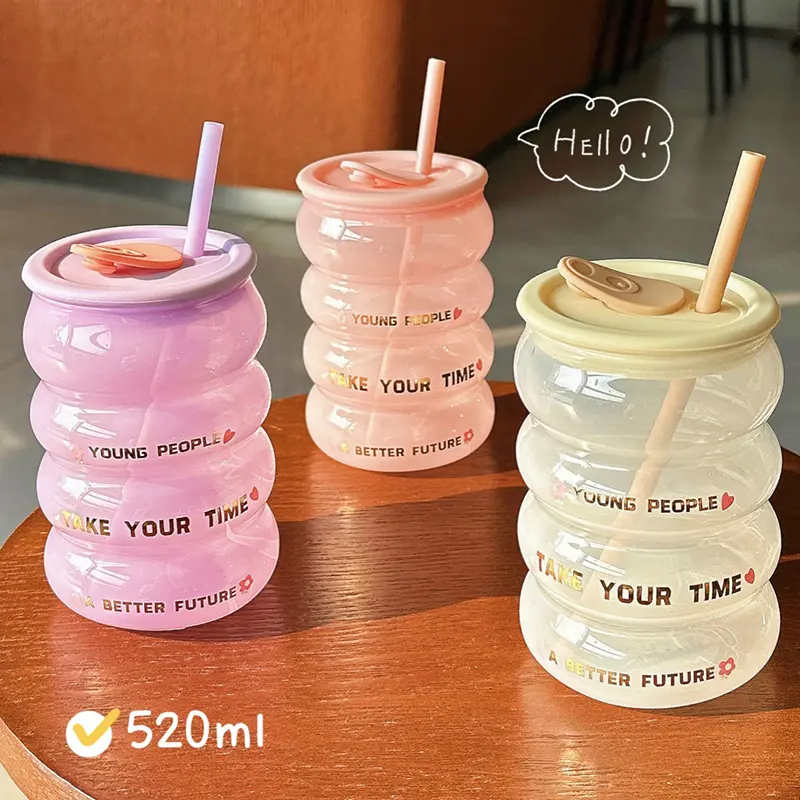 Cute Glass Cup With Silicone Lid And Straw Tumbler For Coffee Water Milk Tea Juice Kawaii Korean Glass Bottle Girl Gift 520ml