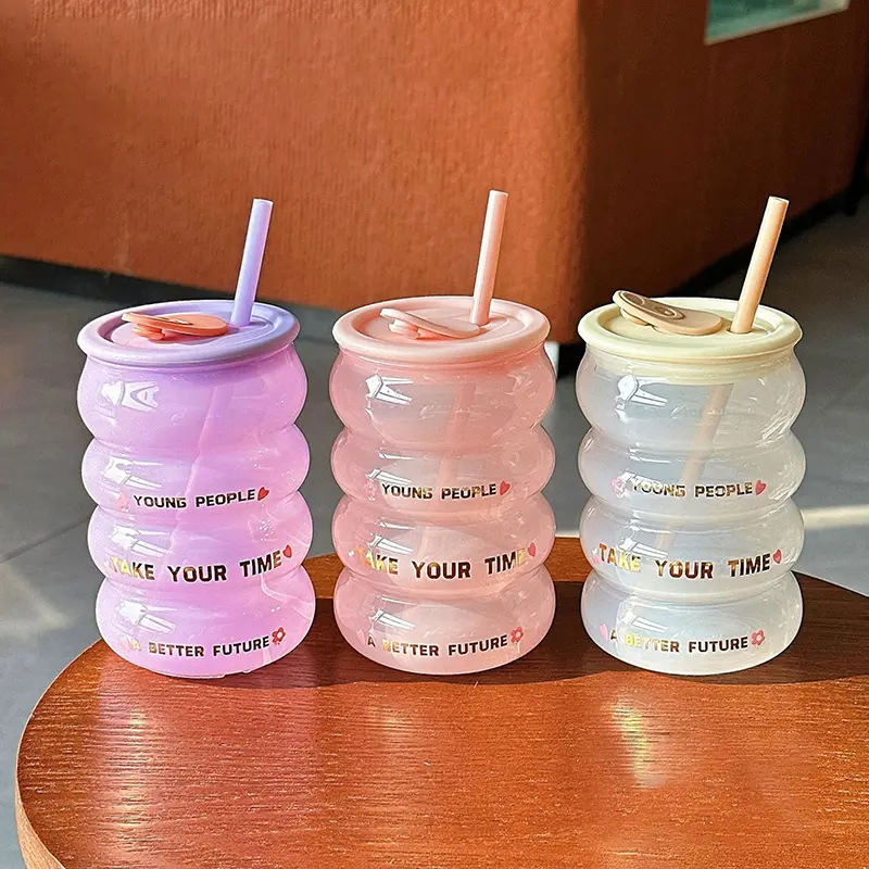 Cute Glass Cup With Silicone Lid And Straw Tumbler For Coffee Water Milk Tea Juice Kawaii Korean Glass Bottle Girl Gift 520ml