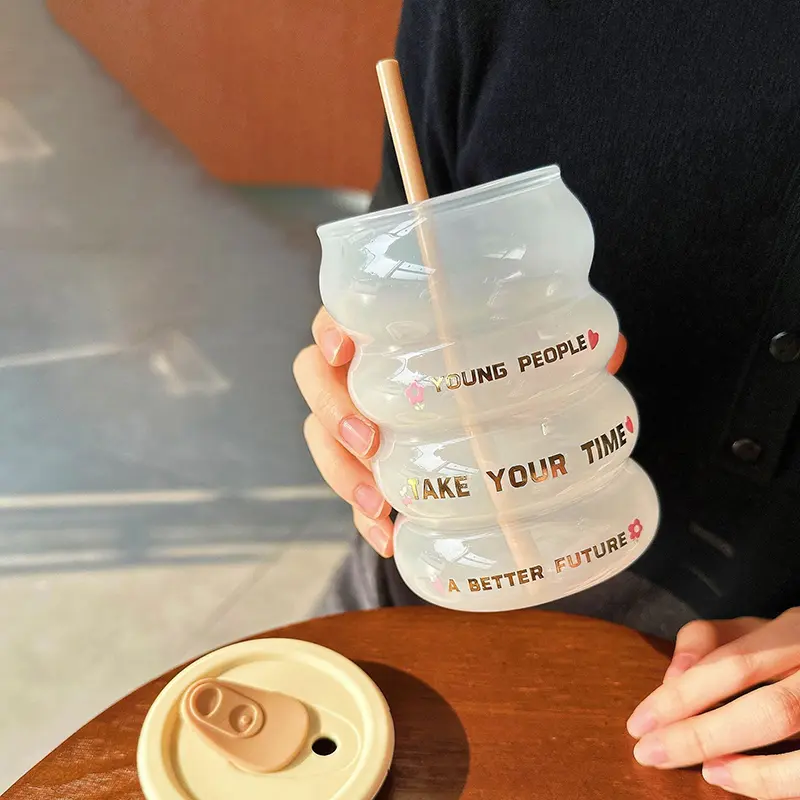 Cute Glass Cup With Silicone Lid And Straw Tumbler For Coffee Water Milk Tea Juice Kawaii Korean Glass Bottle Girl Gift 520ml