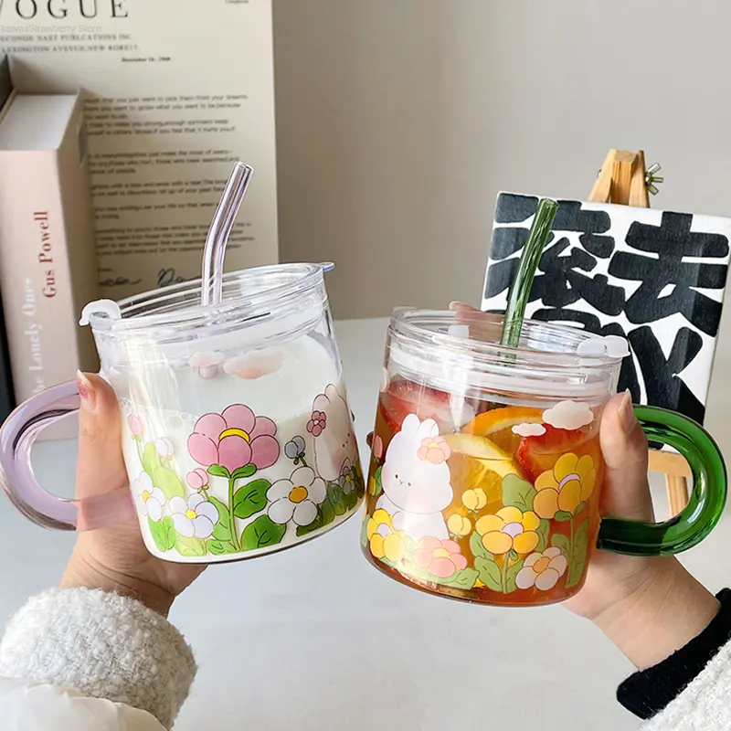 Kawaii Animal Glass Cup With Lid Straw Cute Flower Coffee Mug Milk Wine Hot Drinks Korean Water Juice Cup Drinkware Gift 600ml