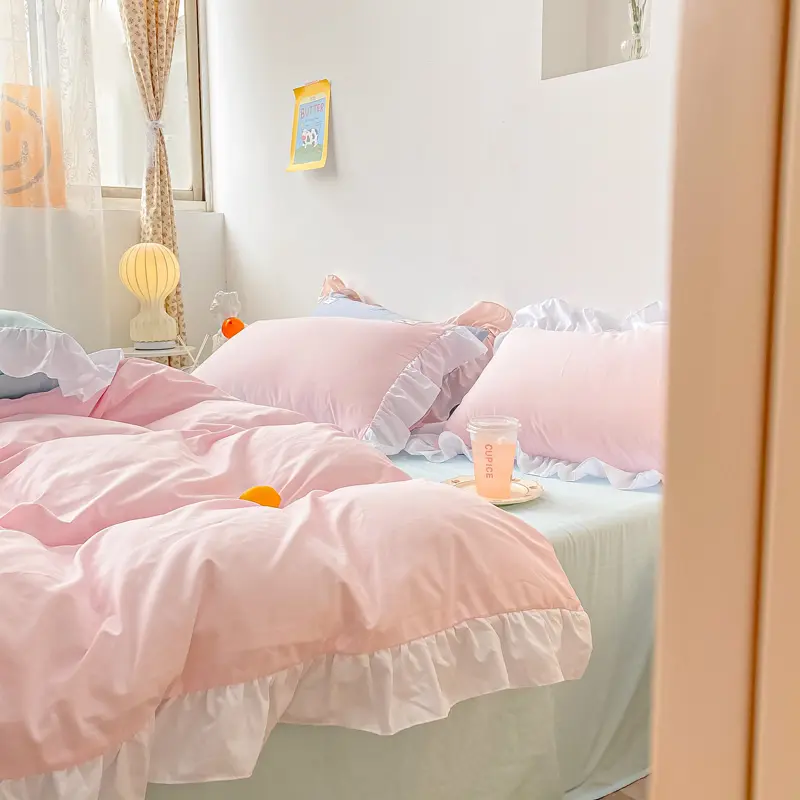 Kawaii Pink Bedding Set Bedspreads Polyester Twin Full Queen Size Cute Fitted Double Bed Sheet Pillowcase Bedroom Duvet Cover