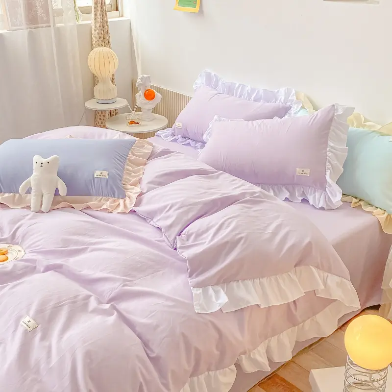 Kawaii Pink Bedding Set Bedspreads Polyester Twin Full Queen Size Cute Fitted Double Bed Sheet Pillowcase Bedroom Duvet Cover