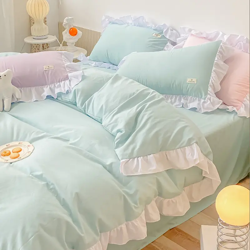 Kawaii Pink Bedding Set Bedspreads Polyester Twin Full Queen Size Cute Fitted Double Bed Sheet Pillowcase Bedroom Duvet Cover