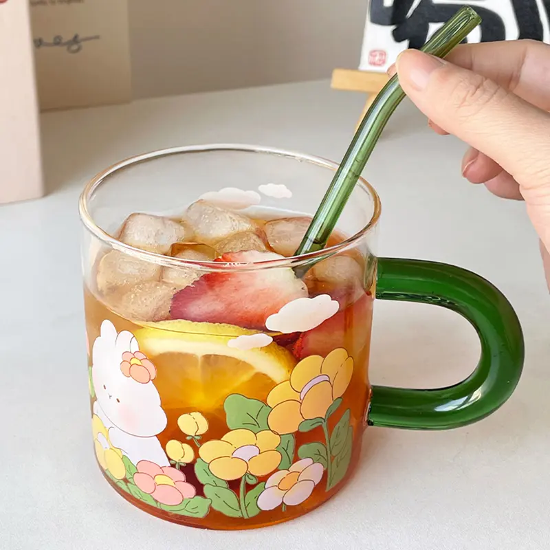 Kawaii Animal Glass Cup With Lid Straw Cute Flower Coffee Mug Milk Wine Hot Drinks Korean Water Juice Cup Drinkware Gift 600ml