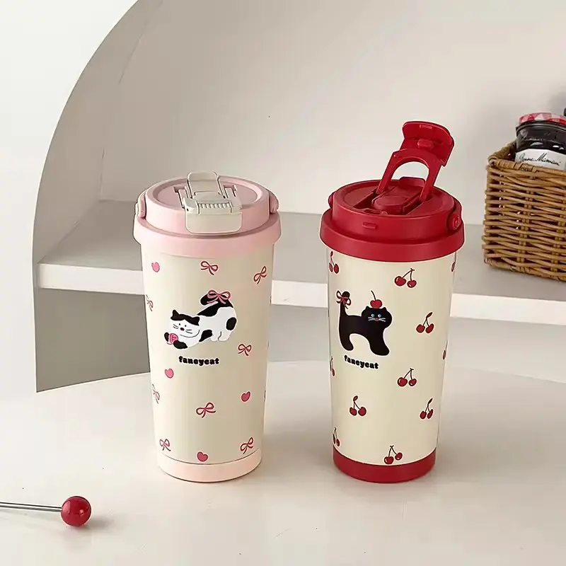 Kawaii Water Bottle Stainless Steel Thermos Insulated Tumbler With Straw Cute 500ml Portable Thermal Cup For Coffee Tea Juice
