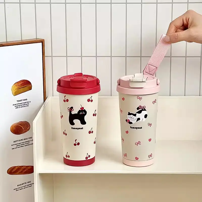 Kawaii Water Bottle Stainless Steel Thermos Insulated Tumbler With Straw Cute 500ml Portable Thermal Cup For Coffee Tea Juice