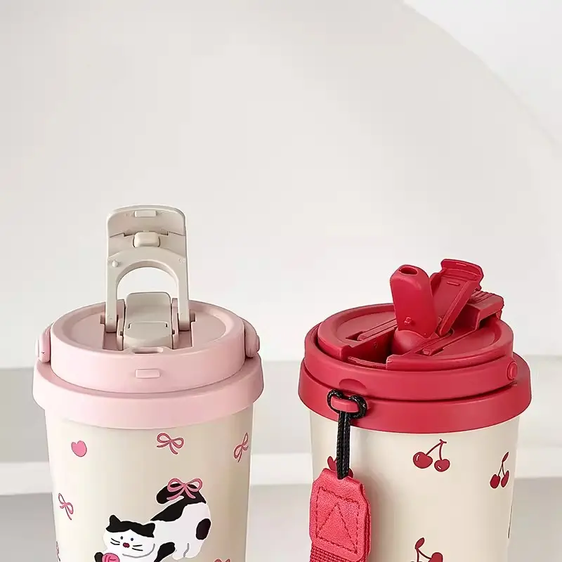 Kawaii Water Bottle Stainless Steel Thermos Insulated Tumbler With Straw Cute 500ml Portable Thermal Cup For Coffee Tea Juice