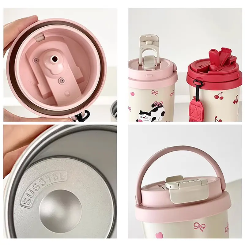 Kawaii Water Bottle Stainless Steel Thermos Insulated Tumbler With Straw Cute 500ml Portable Thermal Cup For Coffee Tea Juice