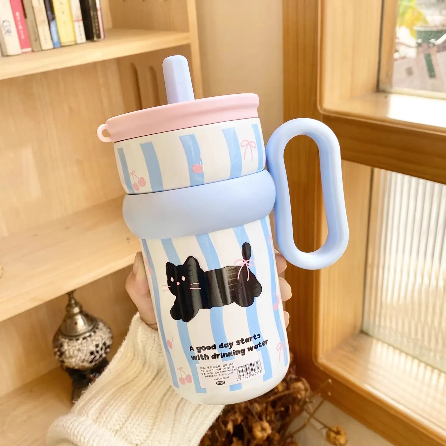 Cute Cat Thermal Mug With Straw Handle 650ml Large Kawaii Tumblers Stainless Steel Water Bottle Portable Coffee Tea Thermos Gift
