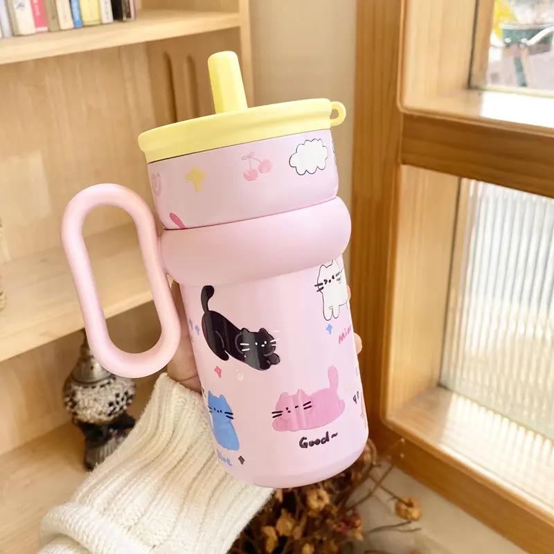Cute Cat Thermal Mug With Straw Handle 650ml Large Kawaii Tumblers Stainless Steel Water Bottle Portable Coffee Tea Thermos Gift