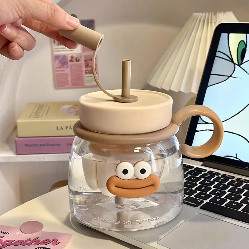 Kawaii Water Bottle With Tea Infuser Straw Handle 1000ml Large Cute Plastic Coffee Milk Tea Juice Sport Gym Travel Drink Bottle