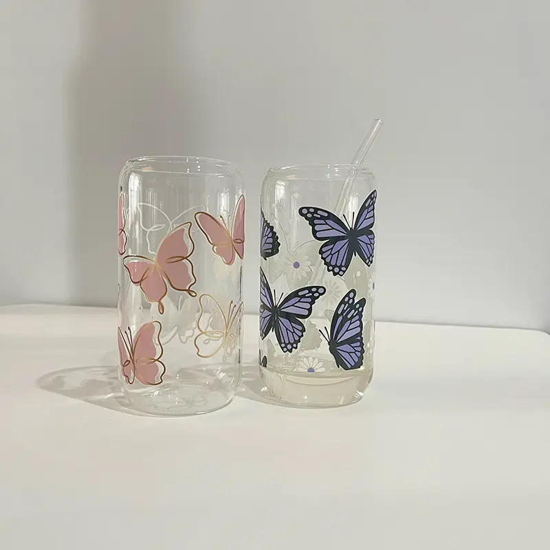 Kawaii Butterfly Glass Cup With Bamboo Lid And Straw 500ml Glass Cups Iced Hot Coffee Beer Glasses Cute Tumbler Cup for Gift