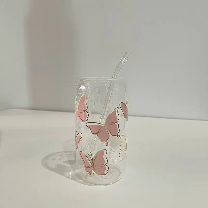 Kawaii Butterfly Glass Cup With Bamboo Lid And Straw 500ml Glass Cups Iced Hot Coffee Beer Glasses Cute Tumbler Cup for Gift