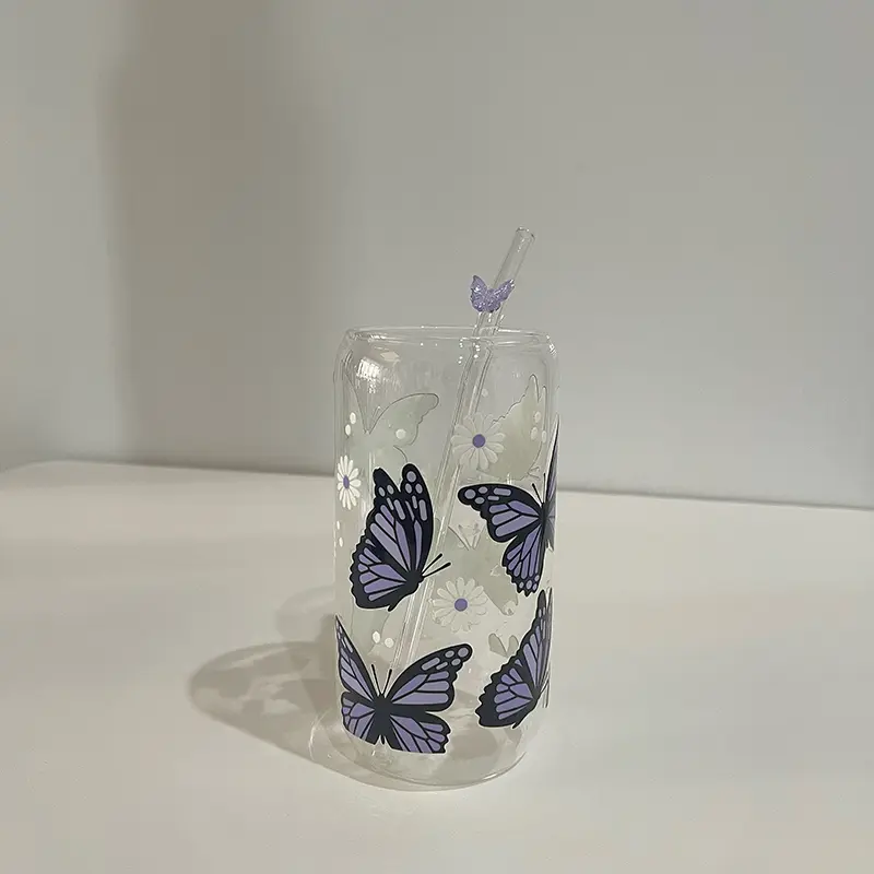 Kawaii Butterfly Glass Cup With Bamboo Lid And Straw 500ml Glass Cups Iced Hot Coffee Beer Glasses Cute Tumbler Cup for Gift