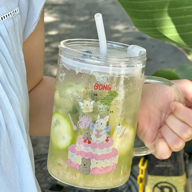 1000ml Cute Glass Cups Aesthetic With Lid And Straw For Cold Hot Coffee Mug Big Glasses Cup For Drinks Water Tea Milk Juice Beer