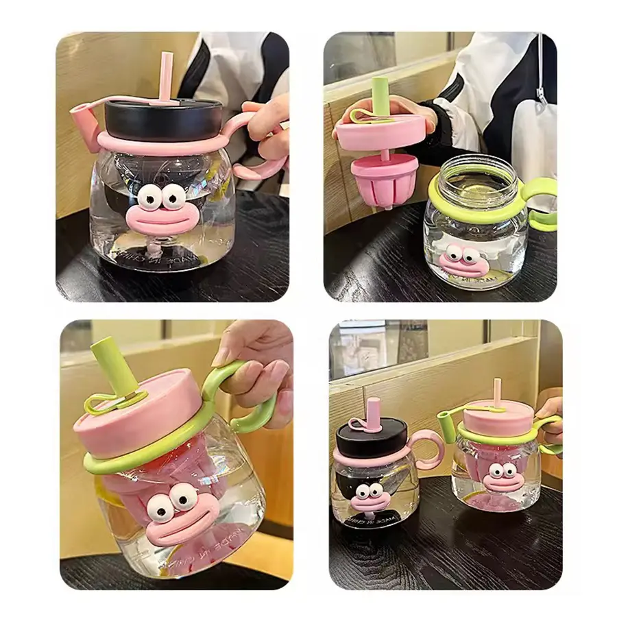 Kawaii Water Bottle With Tea Infuser Straw Handle 1000ml Large Cute Plastic Coffee Milk Tea Juice Sport Gym Travel Drink Bottle