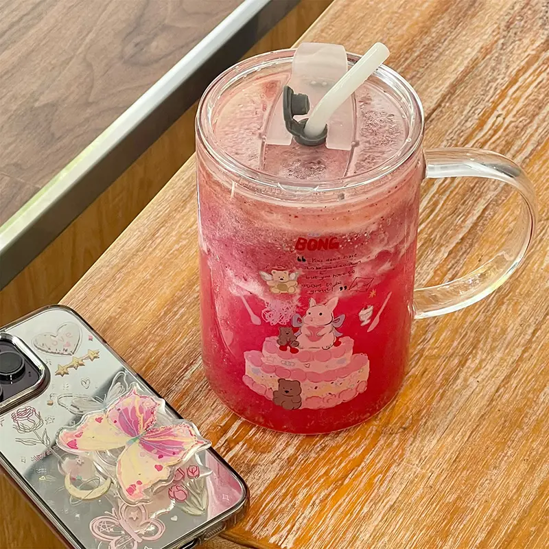 1000ml Cute Glass Cups Aesthetic With Lid And Straw For Cold Hot Coffee Mug Big Glasses Cup For Drinks Water Tea Milk Juice Beer