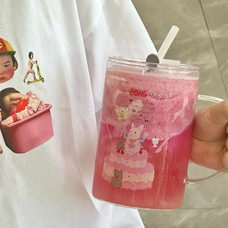 1000ml Cute Glass Cups Aesthetic With Lid And Straw For Cold Hot Coffee Mug Big Glasses Cup For Drinks Water Tea Milk Juice Beer