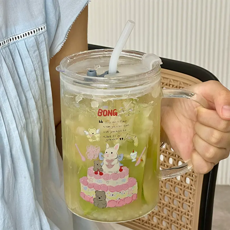 1000ml Cute Glass Cups Aesthetic With Lid And Straw For Cold Hot Coffee Mug Big Glasses Cup For Drinks Water Tea Milk Juice Beer