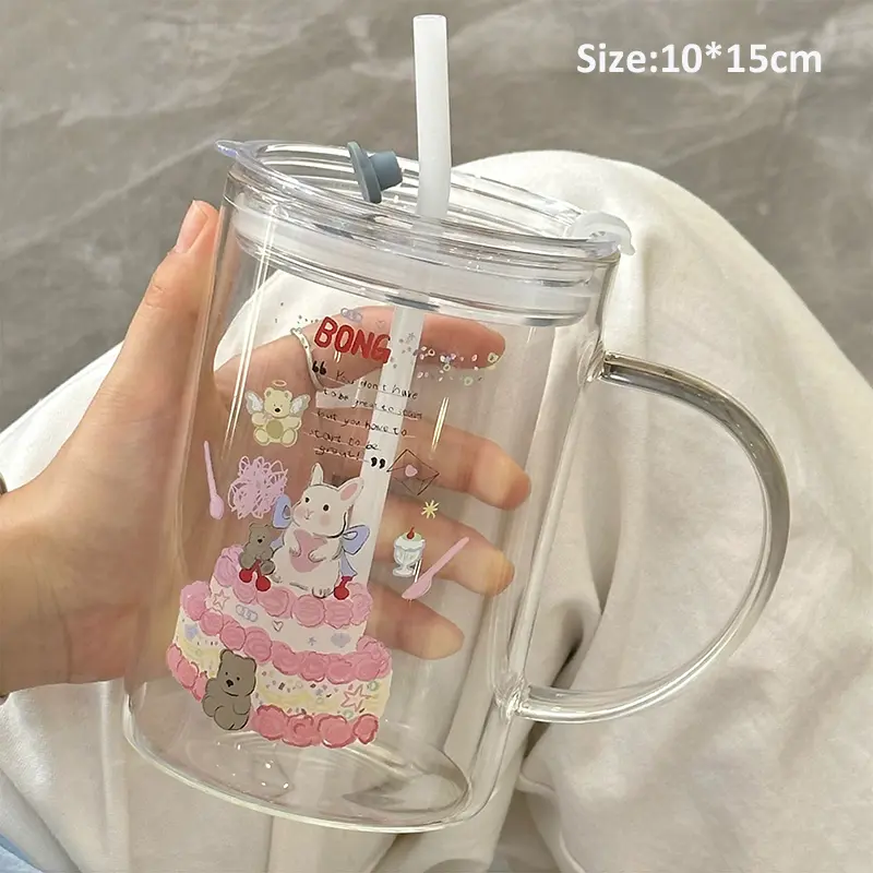 1000ml Cute Glass Cups Aesthetic With Lid And Straw For Cold Hot Coffee Mug Big Glasses Cup For Drinks Water Tea Milk Juice Beer