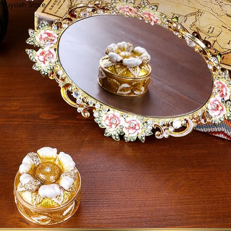 European Style Retro Metal Mirror Tray Jewelry Jewelry Ring Storage Tray European Style Living Room Decoration Accessories