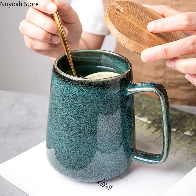 Retro Green Large Ceramic Cup Home Mug Big Belly Mug Office 750ml Large Capacity Water Cup Living Room Kitchen Bar Supplies
