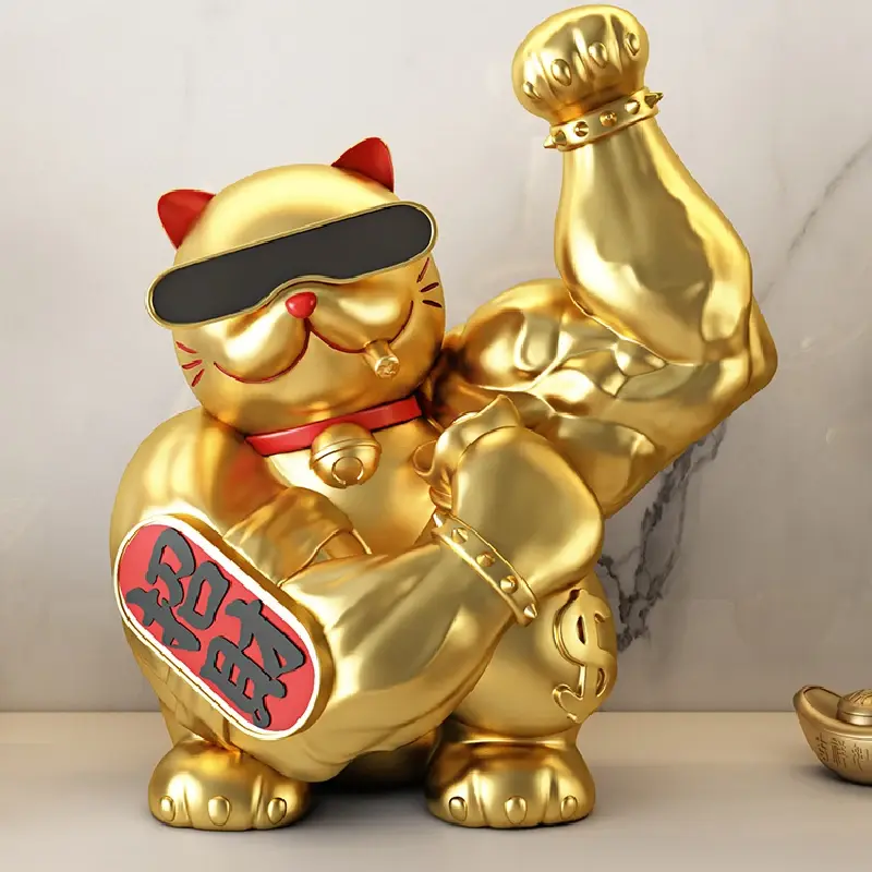 Abstract Big Arm Muscle Golden Cat Decor Statuette for Shop Living Room Lucky Cat Cartoon Animal Sculpture Vigorous Cat Statue