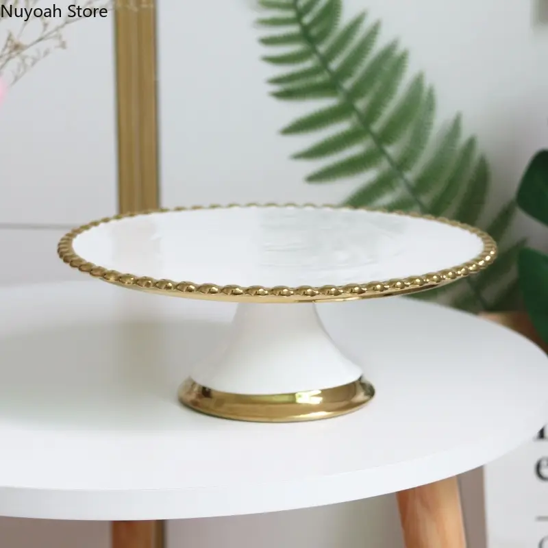 European-style Golden Bead Dot Ceramic Tall Cake Tray Dessert Set Fruit Plate Cake Stand Restaurant Decoration Display Plate