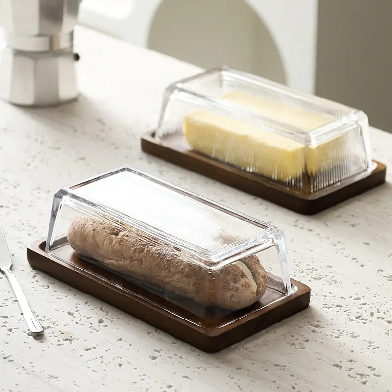 Creative Cheese Butter Plate Rectangular Wooden Tray Glass Cover Storage Box Cake Dessert Bread Dim Sum Plate Table Tableware