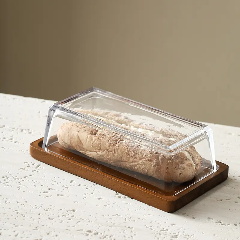 Creative Cheese Butter Plate Rectangular Wooden Tray Glass Cover Storage Box Cake Dessert Bread Dim Sum Plate Table Tableware