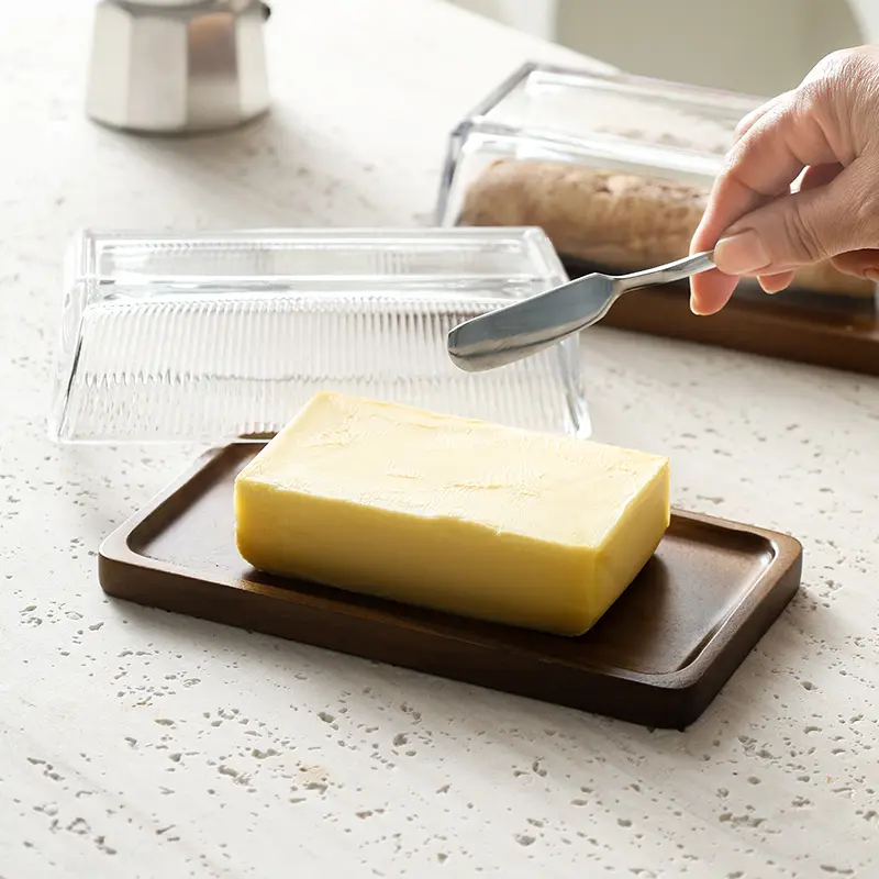 Creative Cheese Butter Plate Rectangular Wooden Tray Glass Cover Storage Box Cake Dessert Bread Dim Sum Plate Table Tableware