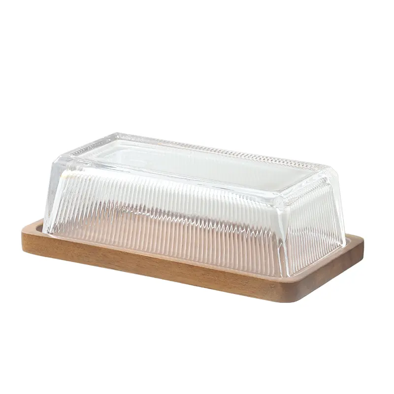 Creative Cheese Butter Plate Rectangular Wooden Tray Glass Cover Storage Box Cake Dessert Bread Dim Sum Plate Table Tableware