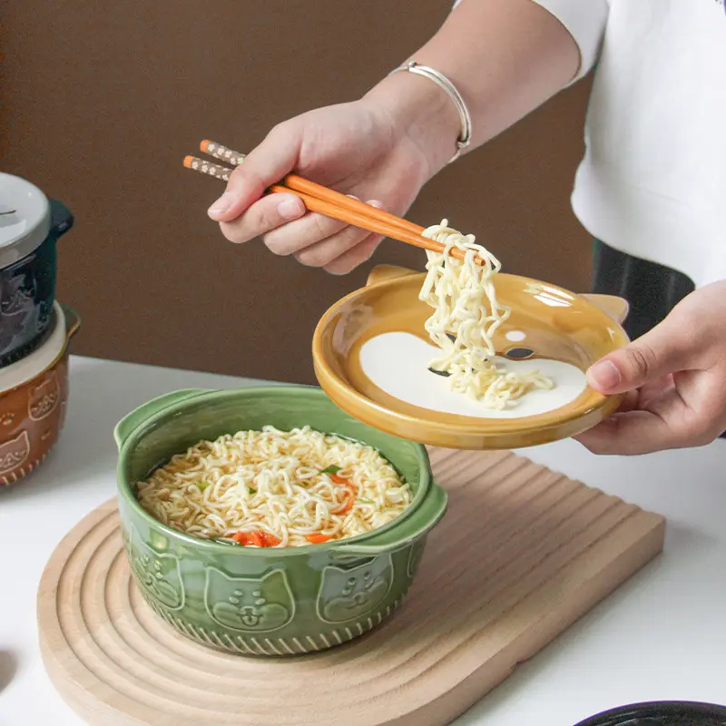 850ML Japanese Cartoon Cat Ceramic Bowl Cute Animal Bowl Instant Noodle Bowl With Cover Kitchen Utensils Ceramic Tableware