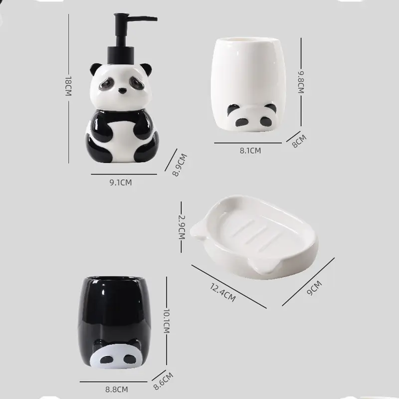 4pcs Creative Panda Ceramic Lotion Bottle Soap Dish Mouthwash Cup Ceramic Cartoon Bathroom Kit Modern Bathroom Accessories