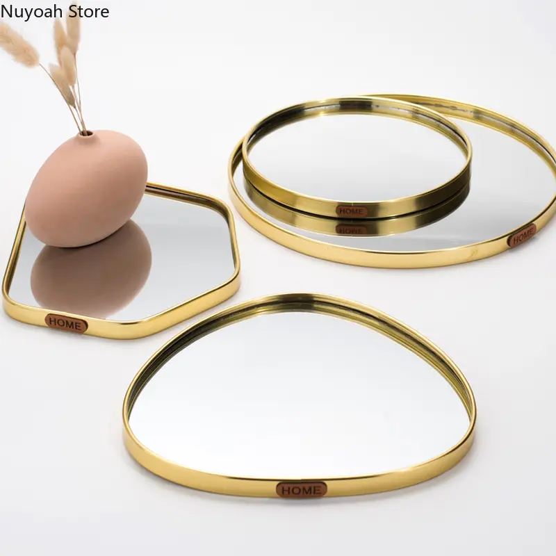 Nordic Light Luxury Golden Mirror Tray Home Decoration Desktop Storage Tray Multilateral Geometric Tray Living Room Accessories