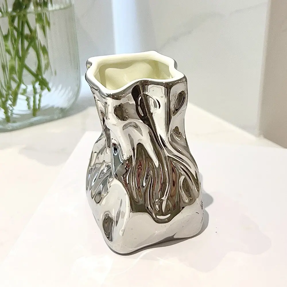 Creative Pleated Ceramic Vase Dried Flower Flower Arrangement Home Bathroom Decoration Ceramic Flower Arrangement Accessories