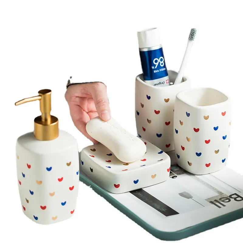 Nordic Bathroom Supplies Love Ceramic Emulsion Bottle Mouthwash Cup Toothbrush Holder Soap Dish Bathroom Decoration Accessories