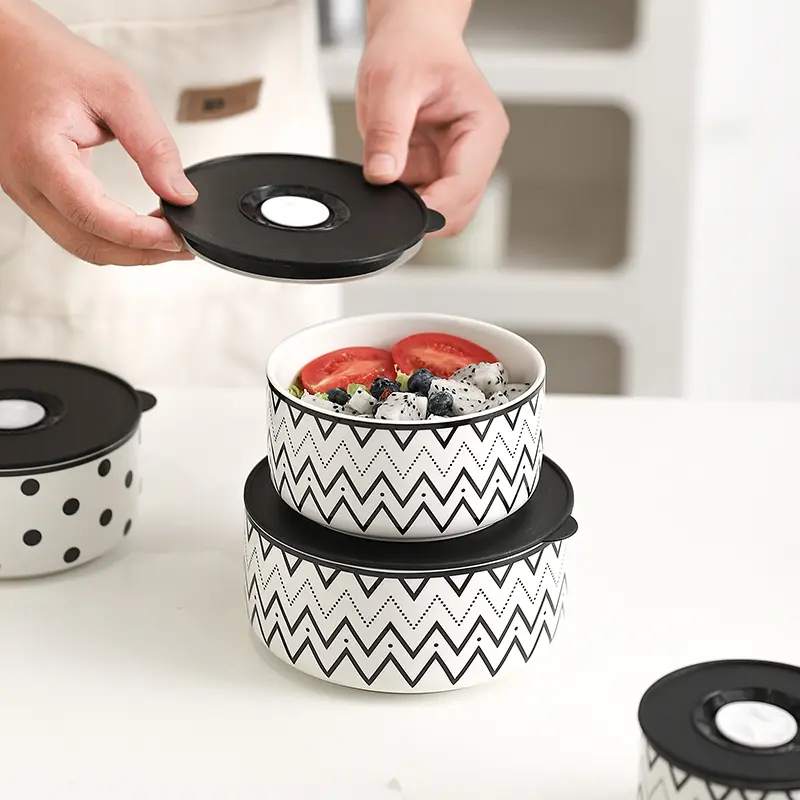 Microwave Oven Special Ceramic Lunch Box Fresh-keeping Box Round Heat-resistant Lunch Box Bowl with Lid Kitchen Rice Sealed Bowl