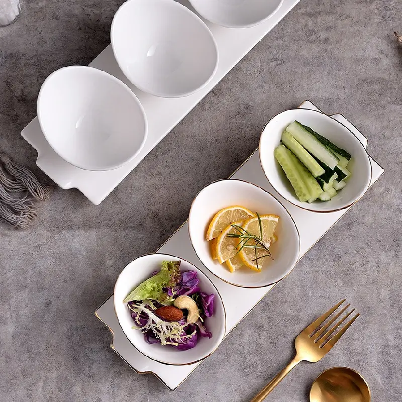 3PCS Dried Fruit Salad Bowl White Ingot-shaped Dessert Bowl Snack Bowl Plaid Food Storage Decoration Household Ceramic Tableware
