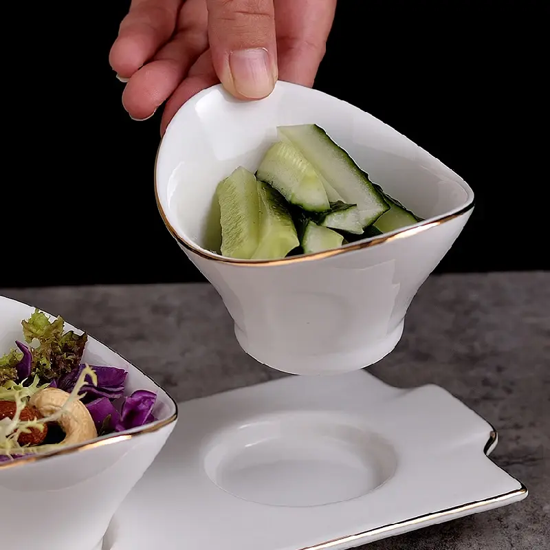 3PCS Dried Fruit Salad Bowl White Ingot-shaped Dessert Bowl Snack Bowl Plaid Food Storage Decoration Household Ceramic Tableware
