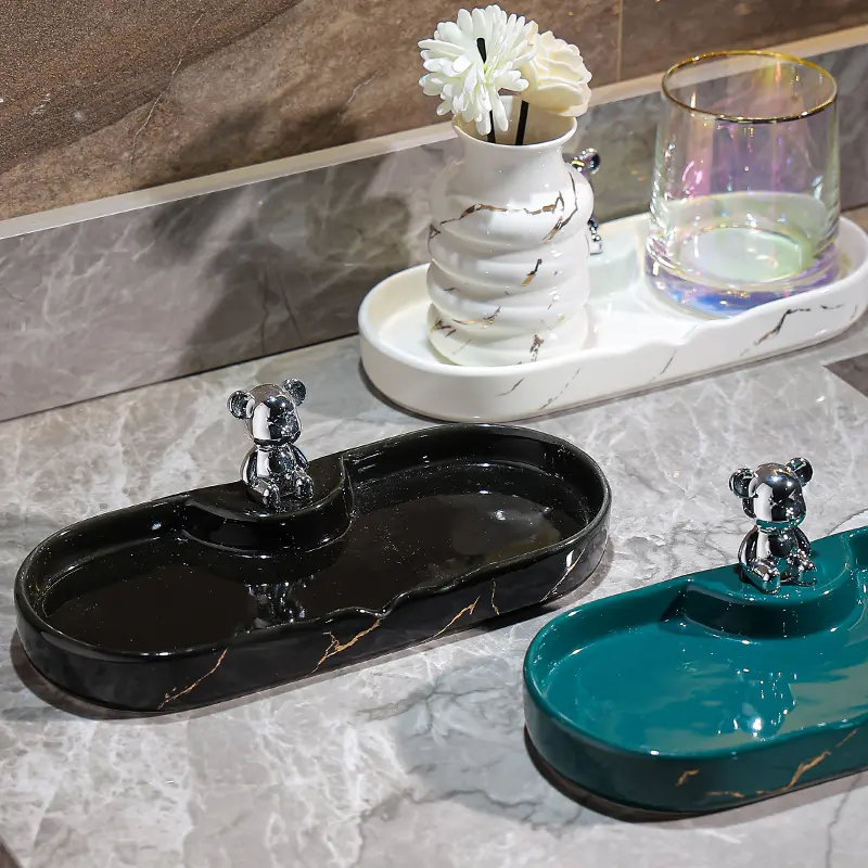 Bathroom Countertop Shelf Ceramic Tray Storage Finishing Shelf Tray Bear Marble Mug Storage Tray Bathroom Decoration Accessories