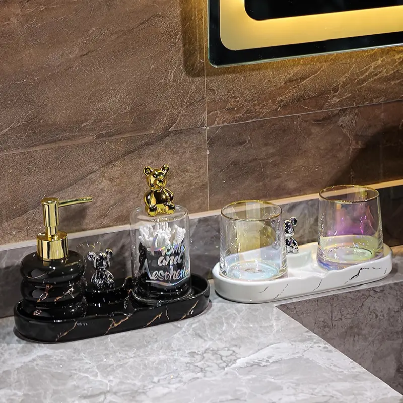 Bathroom Countertop Shelf Ceramic Tray Storage Finishing Shelf Tray Bear Marble Mug Storage Tray Bathroom Decoration Accessories