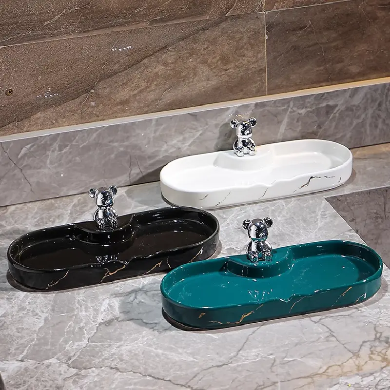Bathroom Countertop Shelf Ceramic Tray Storage Finishing Shelf Tray Bear Marble Mug Storage Tray Bathroom Decoration Accessories