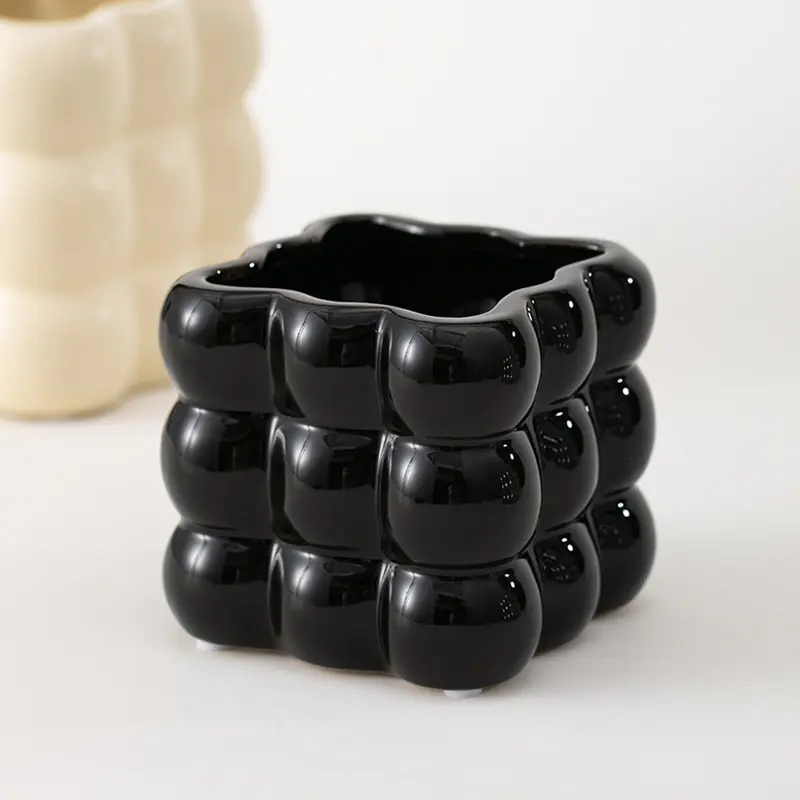 Modern Minimalist Jiugongge Spherical Ceramic Flowerpot Cream Wind Indoor Home Decoration Basin Desktop Decoration Ornaments