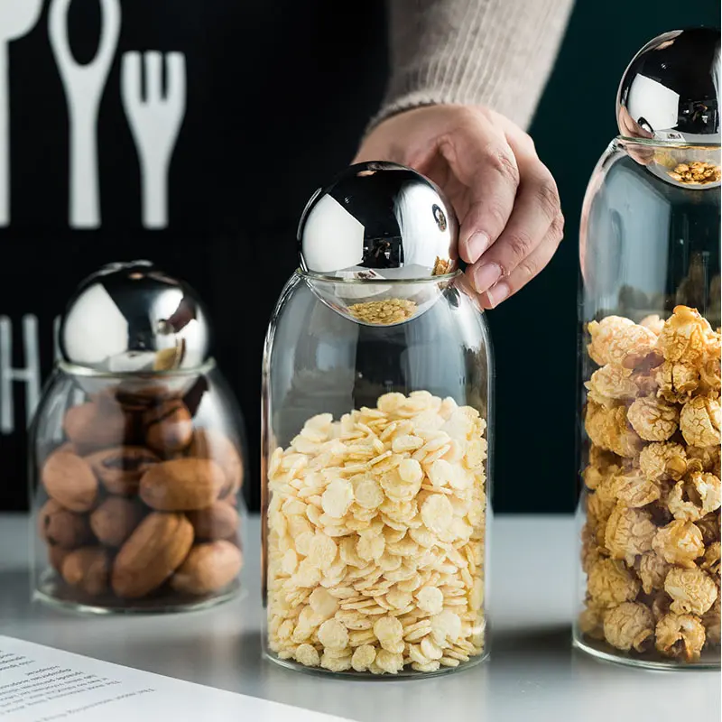 Golden Stainless Steel Stopper Glass Storage Jar Kitchen Food Storage Container Coffee Bean Tea Jar Candy Jar Home Decoration