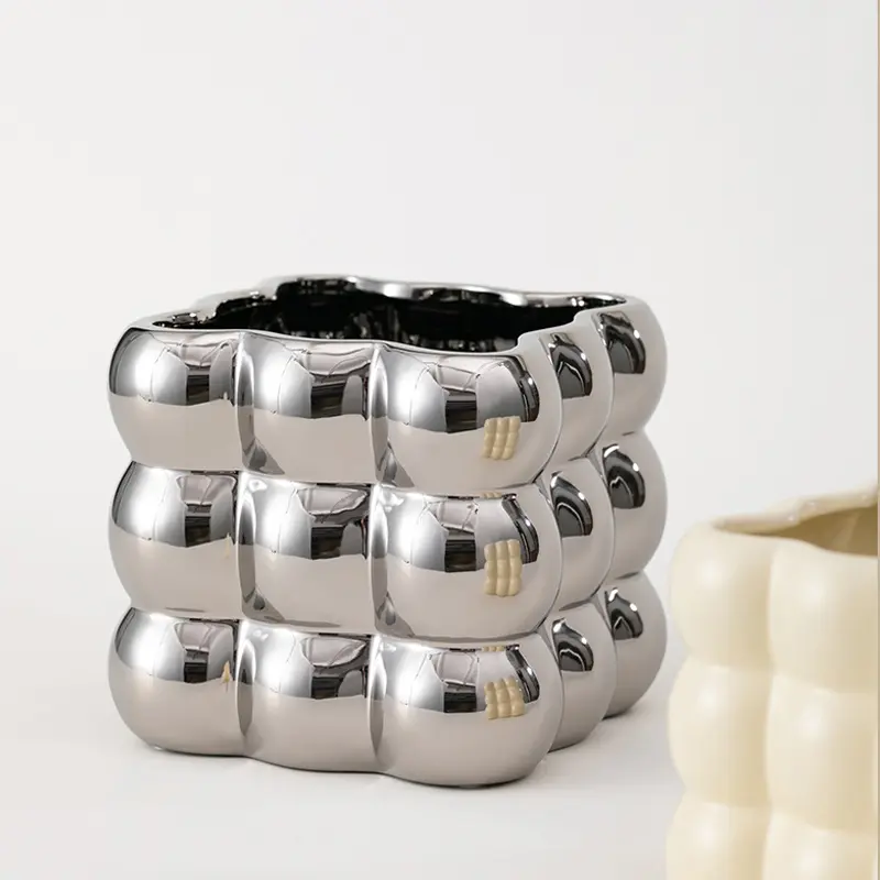 Modern Minimalist Jiugongge Spherical Ceramic Flowerpot Cream Wind Indoor Home Decoration Basin Desktop Decoration Ornaments