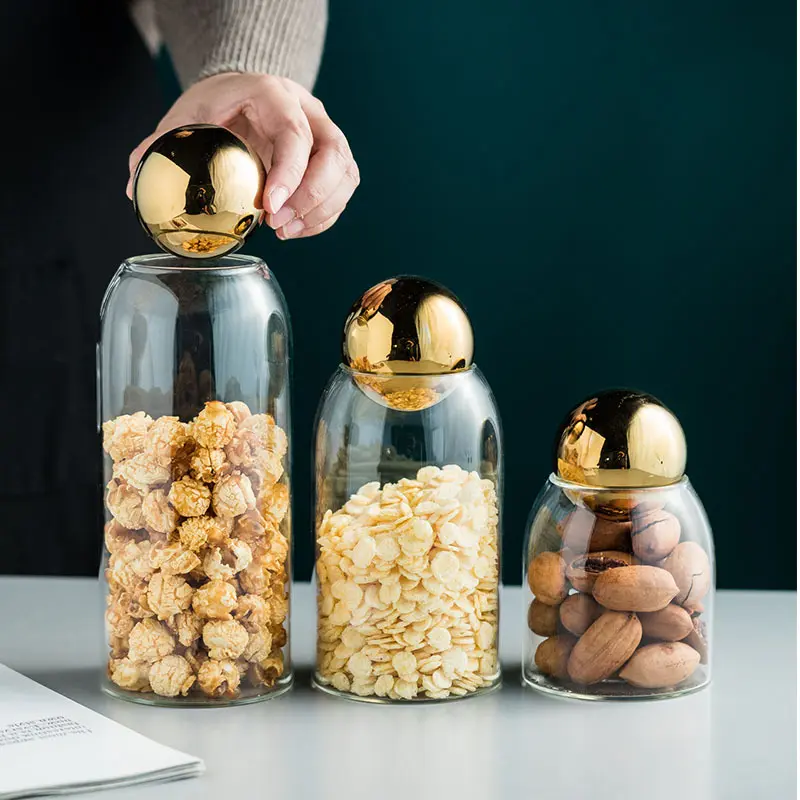 Golden Stainless Steel Stopper Glass Storage Jar Kitchen Food Storage Container Coffee Bean Tea Jar Candy Jar Home Decoration